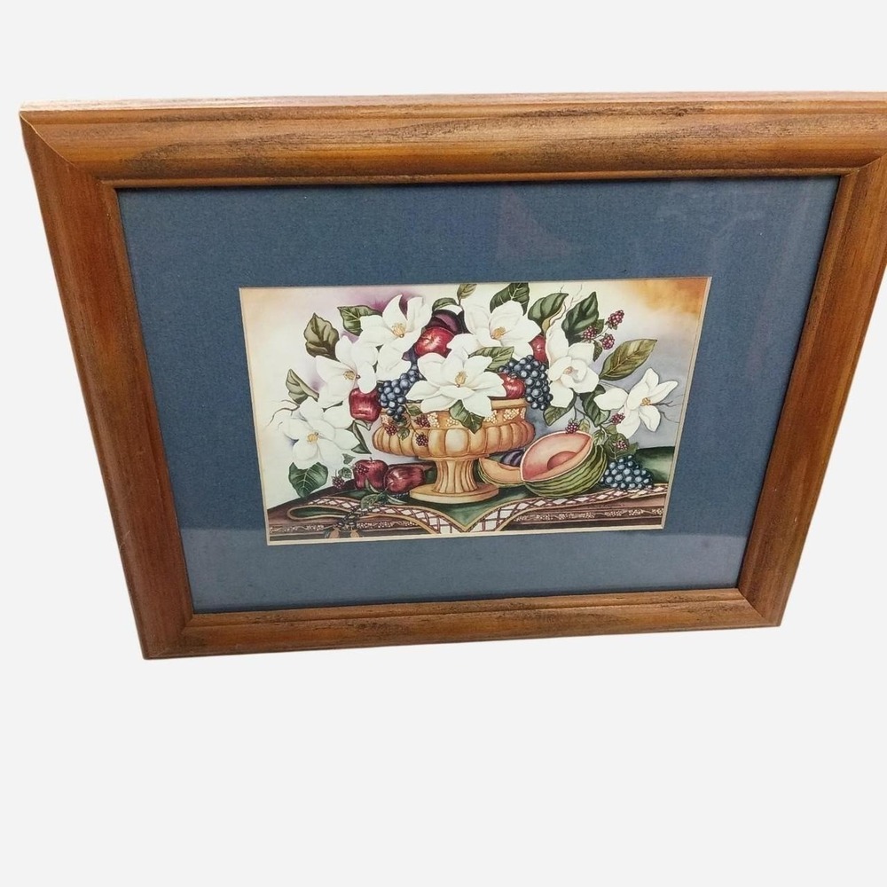 Vintage Framed Magnolia And Fruit Motif Print By Laurie Korsgaden